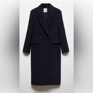 Mango Small S Wool Navy blue Long Strong Shoulder double breasted coat oversized
